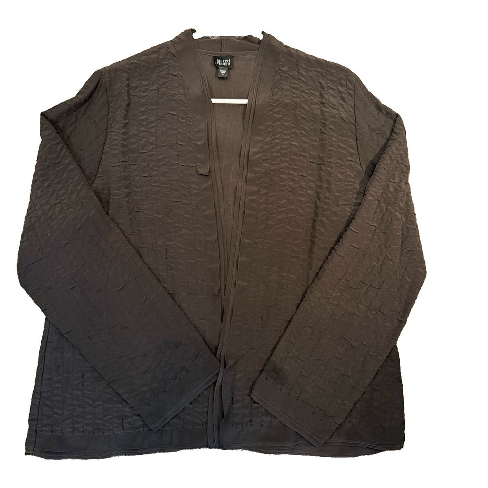 Eileen Fisher Brown Quilted Silk Crepe Open Front Jacket Cardigan Large